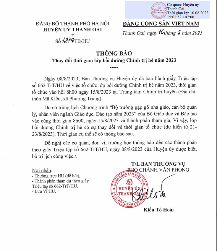 Thông báo thay đổi thời gian bồi dưỡng chính trị năm 2023